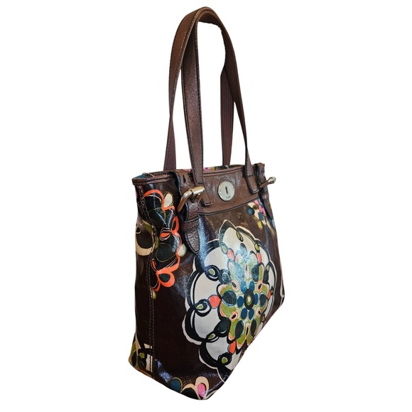 Fossil Key Per Brown Floral Coated Canvas Tote Shoulder Bag Purse Handbag - Picture 2 of 10